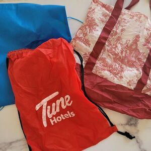 Bundle of 3 bags tote lightweight backpack red Tune Hotels French country Victor